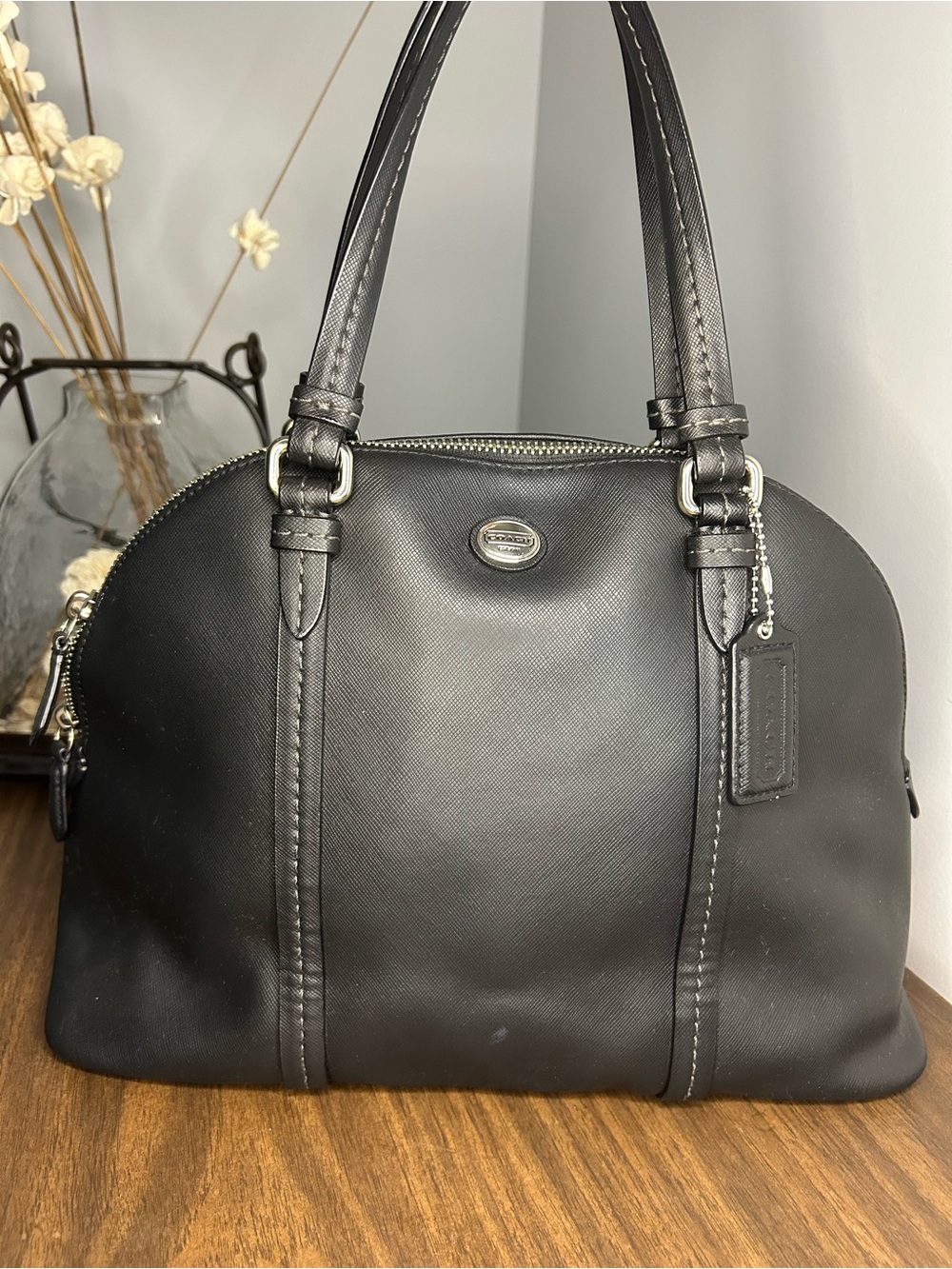 Coach Peyton Cora Black Saffiano Leather Dome Satchel Bag